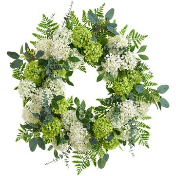 22" Snowball / Fern Wreath ( Green/Cream) - Florals & Foliage