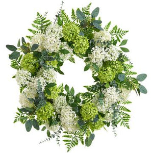 22" Snowball / Fern Wreath ( Green/Cream) - Florals & Foliage