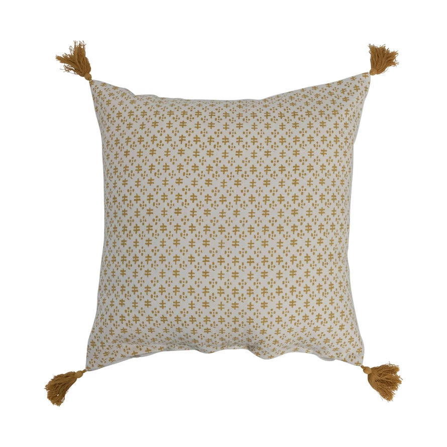 
            
                Load image into Gallery viewer, 20&amp;quot; Cotton Pillow w/ Pattern &amp;amp; Tassels Cream &amp;amp; Mustard Color
            
        