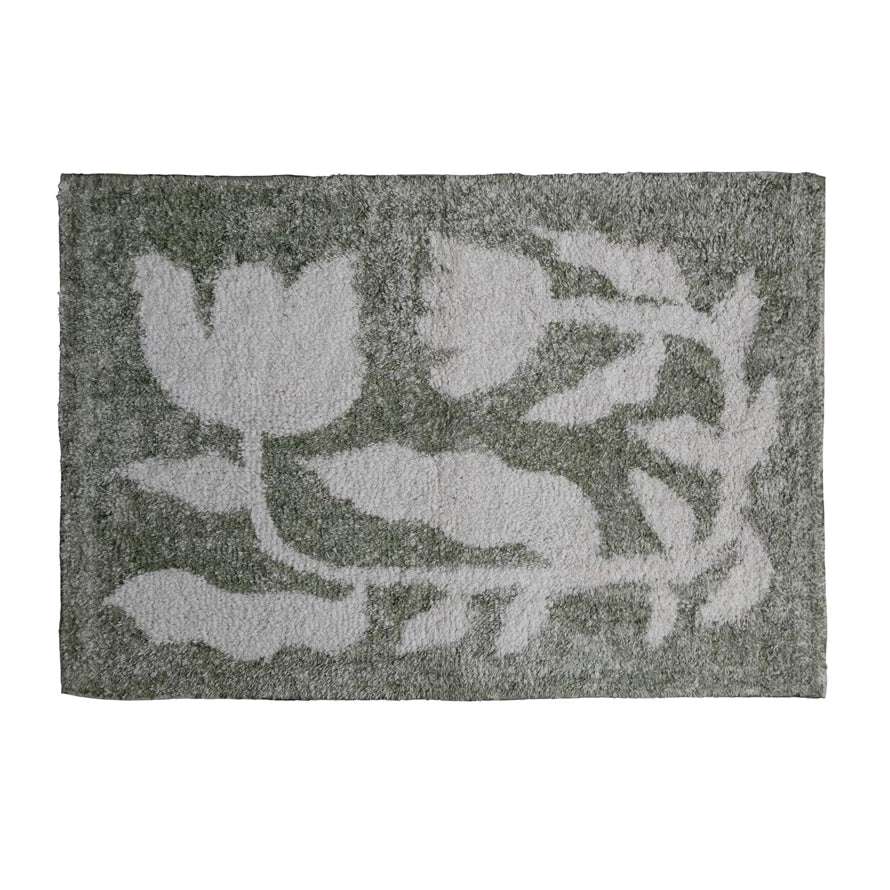 2' x 3' Cotton Tufted Rug w/ Flowers, Sage Color & White