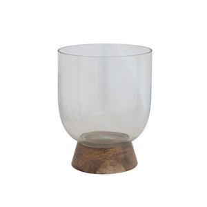 Glass & Mango Wood Footed Vase/Hurricane/Candle Holder 5"x5"