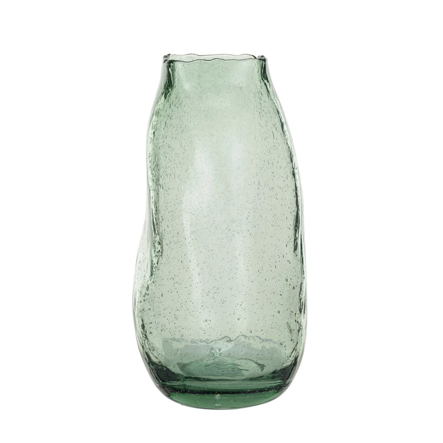 5-1/2" Round x 10-1/2"H Recycled Glass Organic Shaped Vase Green
