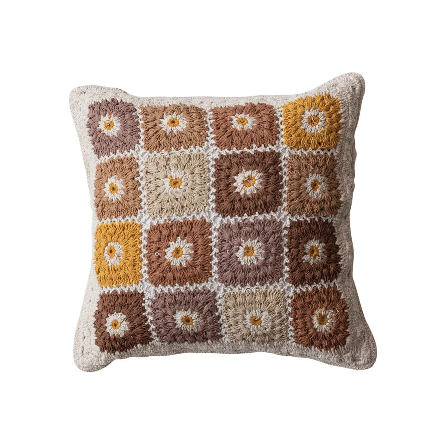 18" Square Cotton Crocheted Granny Square Pillow w/ Block Pattern - Everyday Textiles