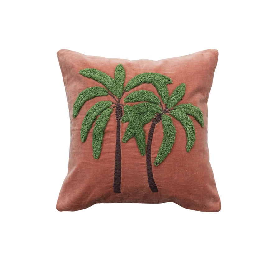 18" Square Cotton Velvet Pillow w/ Embroidered Tufted Palm Trees - Everyday Textiles