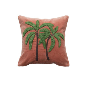 18" Square Cotton Velvet Pillow w/ Embroidered Tufted Palm Trees - Everyday Textiles