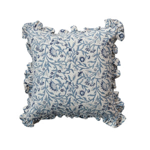 18" Square Cotton Blend Block Printed Pillow w/ Floral Pattern Natural & Blue - Everyday Textiles