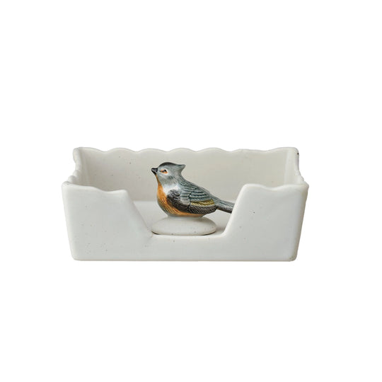 Stoneware Napkin Holder w/ Bird Shaped Weight ( 2pc Set ) : 5-3/4" Square x 1-3/4"H
