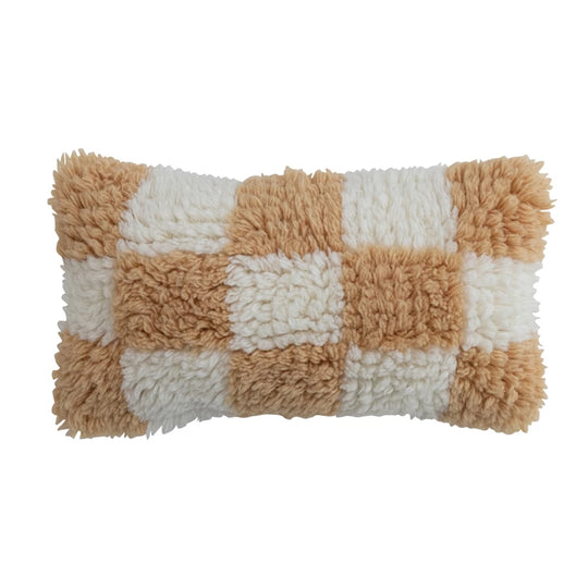 16"L x 9"H  Wool & Cotton Shag Lumbar Pillow w/ Cotton Back, Cream & Tan Color Check - Everyday Textiles