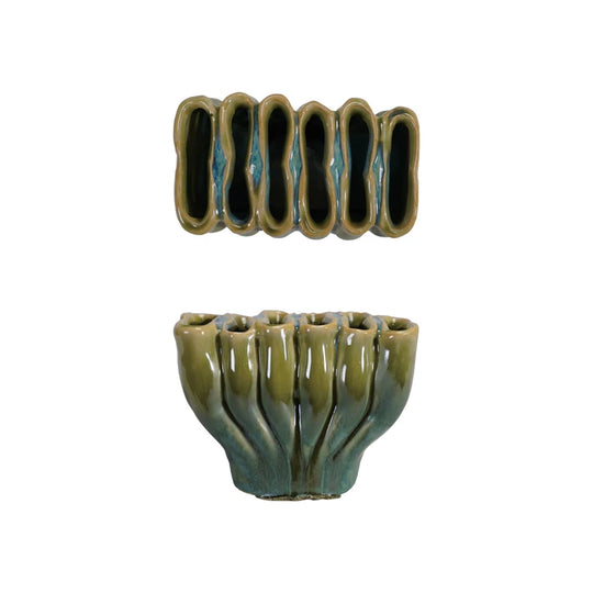 4-1/4"L x 2-1/2"W x 3"H  Stoneware Sculptural Vase with 6 Sections (Each One Will Vary)