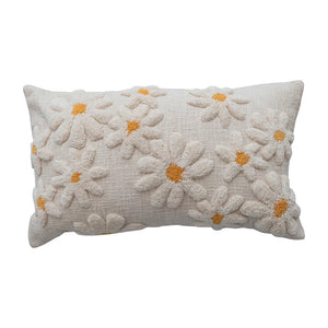 Cotton Lumbar Pillow with Tufted Flowers, Natural & Yellow 24" x 14" - Everyday Textiles