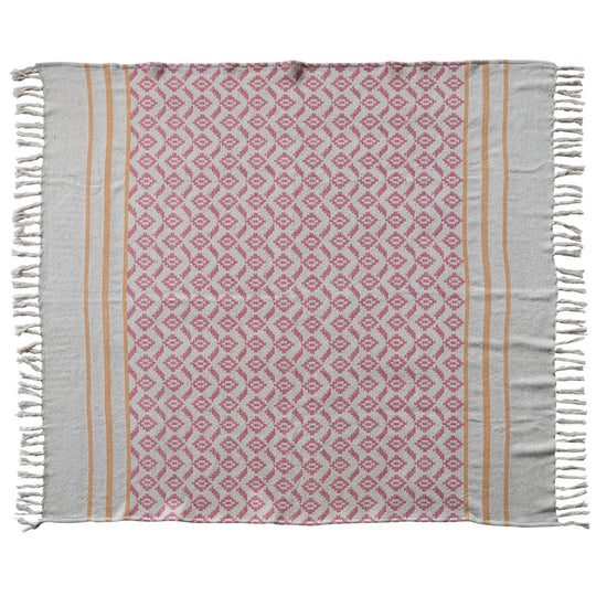 60"L x 50"W Woven Recycled Cotton Blend Jacquard Throw w/ Pattern, Stripes & Tassels - Everyday Textiles