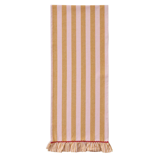 72"L x 14"W Woven Cotton Striped Table Runner w/ Ruffle Mustard Color, Pink & Red