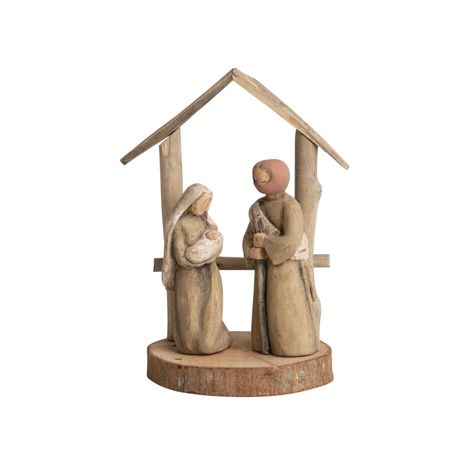 Handmade Driftwood & Paper Mache Nativity w/ Wood Base