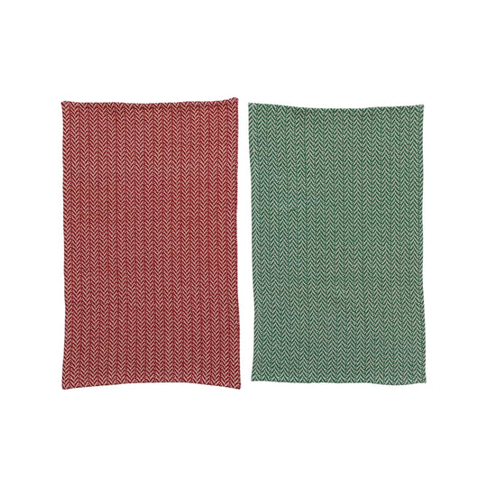 28"L x 18"W Woven Cotton Printed Tea Towels w/ Herringbone Pattern (2 Colours)