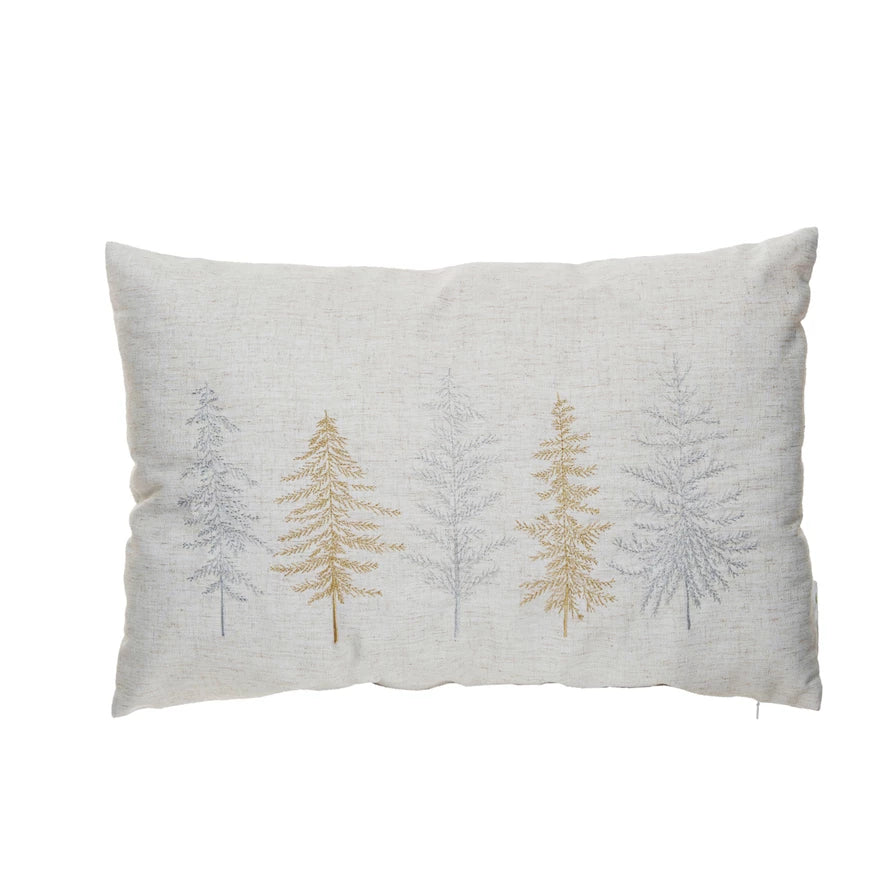 22"L x 14"H Fabric Blend Lumbar Pillow w/ Metallic Gold & Silver Thread Embroidered Trees, Natural