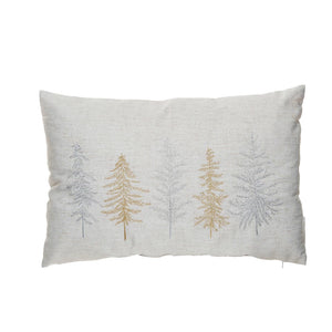 22"L x 14"H Fabric Blend Lumbar Pillow w/ Metallic Gold & Silver Thread Embroidered Trees, Natural