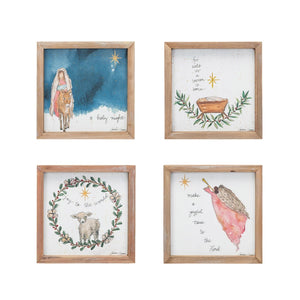 8-1/4" Square Wood Framed Wall Décor w/ Mary, Jesus, Lamb, Shepard