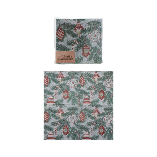 4" Square Paper Napkins w/ Holiday Ornament Pattern, (Contains 50 Folded Pieces)