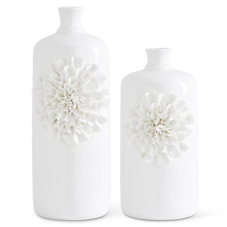 White Ceramic Bottles w/white carnations ( multiple sizes)