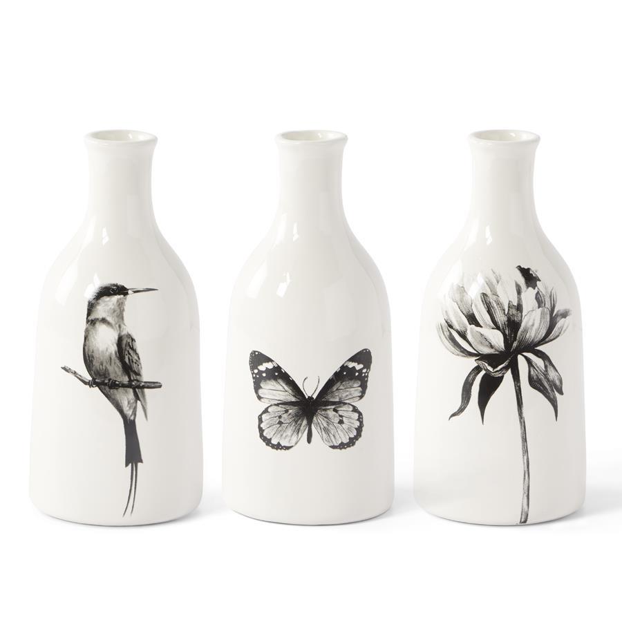 White Ceramic Bottle w/Black Bird, Butterfly or Flower Decor (Asst)