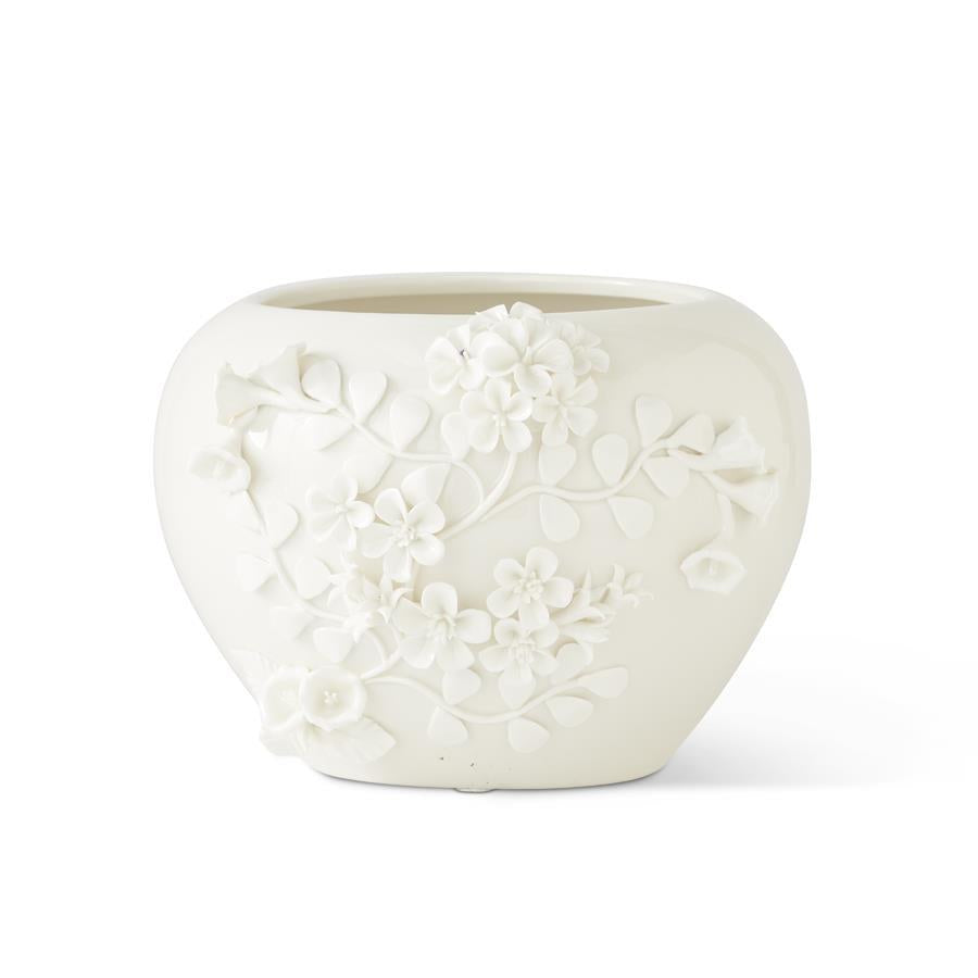 White Ceramic Pot w/Raised Jasmine Flowers