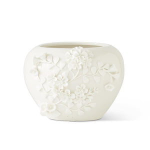 White Ceramic Pot w/Raised Jasmine Flowers