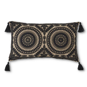 24" Black & Cream Embroidered Mandala Pillow w/Tassels - Everyday Textiles
