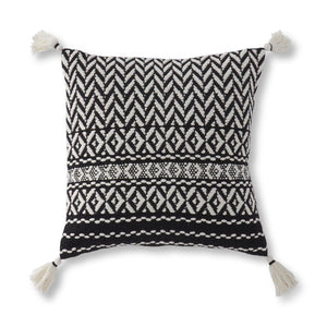 19" Black & White  Woven Pillow w/Tassels- Everyday Textiles