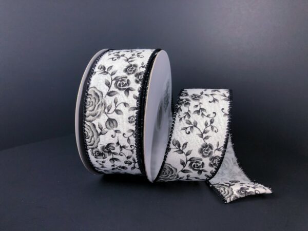 White Linen/Black Ombre Roses Ribbon - 1.5"x10yds