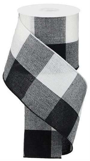 4" x 10yds Woven Check Wired Edge Black White Ribbon