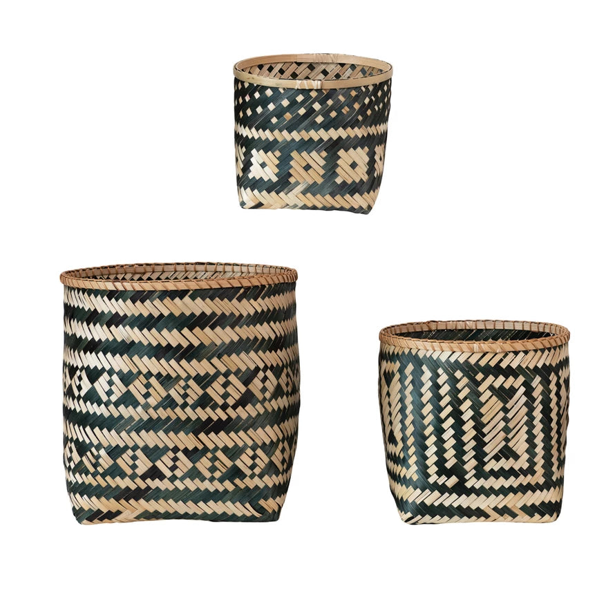 
            
                Load image into Gallery viewer, Bamboo Basket with Pattern Black/Natural (Multiple Sizes)
            
        