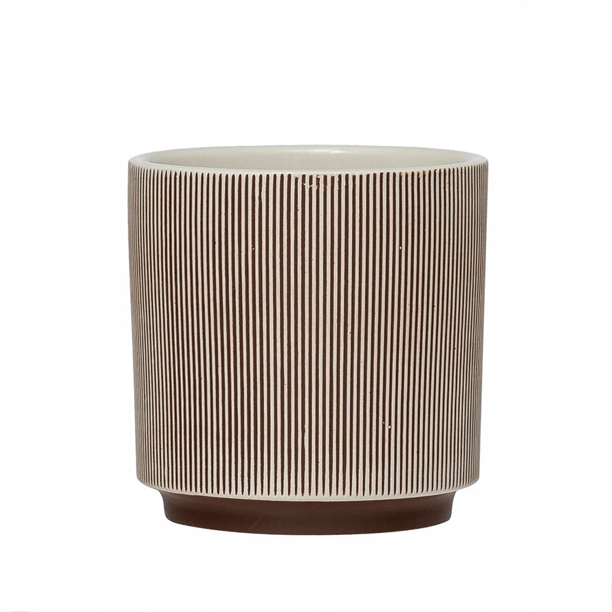 
            
                Load image into Gallery viewer, 3-1/2&amp;quot; Round x 3-1/2&amp;quot;H Textured Stoneware Planter, Brown &amp;amp; Cream Color (Holds 3&amp;quot; Pot)
            
        