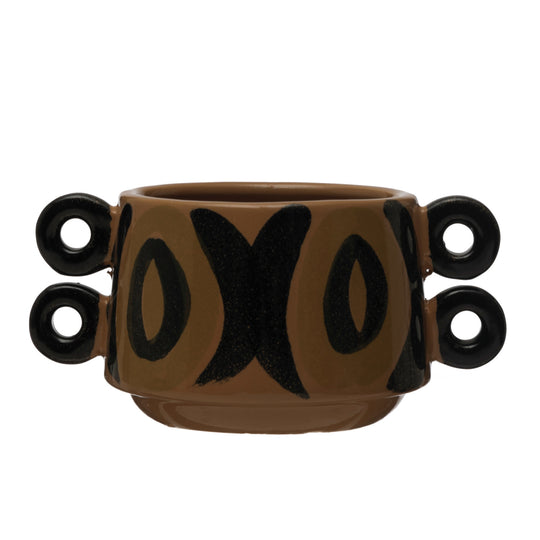 Hand-Painted Stoneware Planter with Handles - Brown