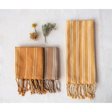 28" X 18" Cotton Tea Towel w/ Stripe & Fringe, Multi Color, 3 Styles