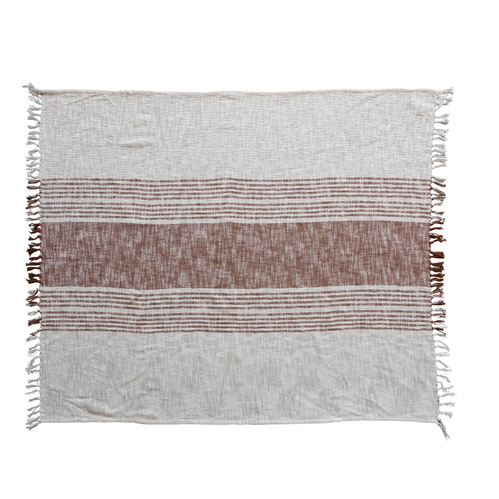 60"L x 50"W Woven Cotton Slub Throw w/ Stripes & Fringe, Brown & Cream Color - Everyday Textiles