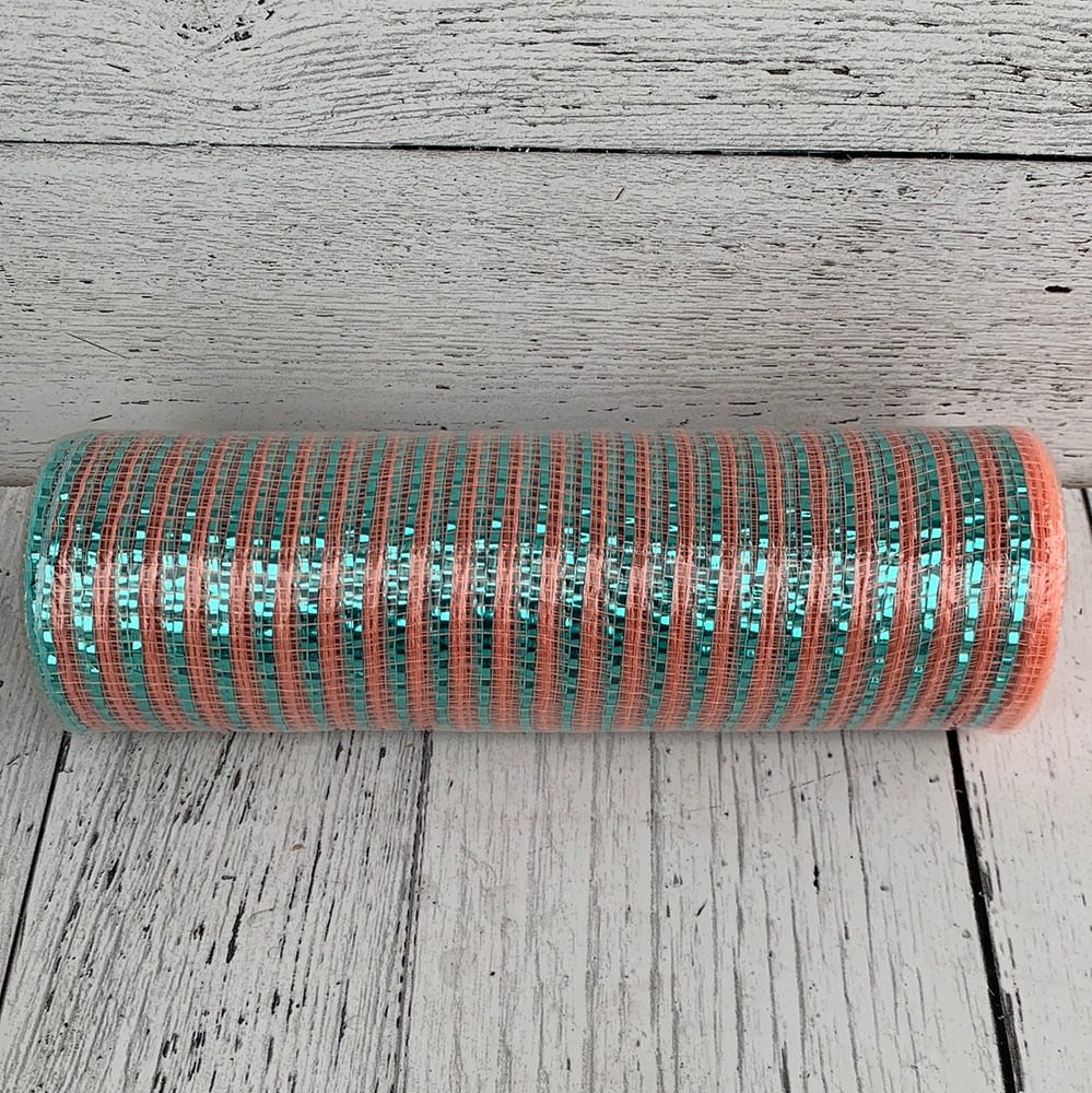 
            
                Load image into Gallery viewer, Spring - 10”x10yards Coral/Aqua Thick Metallic Mesh
            
        