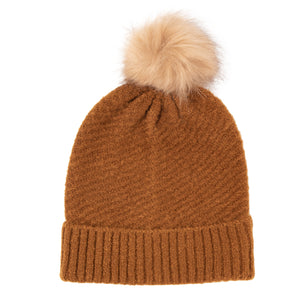 
            
                Load image into Gallery viewer, Women&amp;#39;s Cuffed Knit with Faux Fur Pom Beanie - Camel
            
        