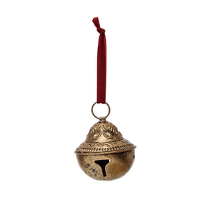 5" Round x 6-1/2"H Embossed Metal Sleigh Bell w/ Velvet Ribbon, Gold Finish