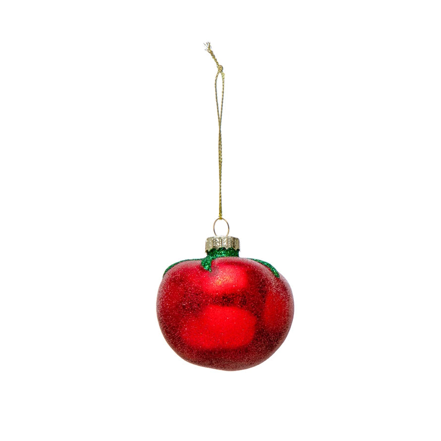 2-1/4"H Hand-Painted Glass Tomato Ornament w/ Glitter, Red & Green