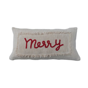 
            
                Load image into Gallery viewer, 24&amp;quot;L x 12&amp;quot;H Cotton Slub Lumbar Pillow w/ Fringe &amp;amp; Embroidery &amp;quot;Merry&amp;quot;, Cream Color &amp;amp; Red
            
        