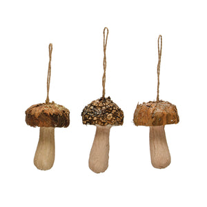 Wood Bark, Foam & Paper Mushroom Ornament w/ Glitter, 3 Styles