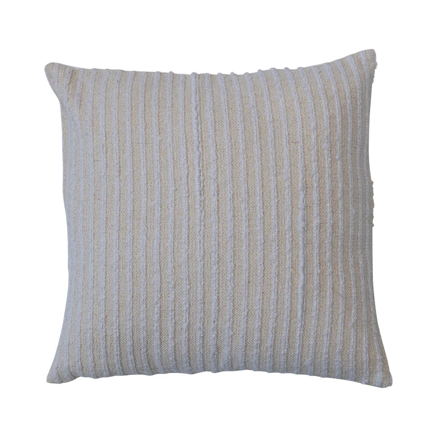 20" Square Cotton & Acrylic Pillow w/ Stripes & Gold Thread, Beige & White - Everyday Textiles
